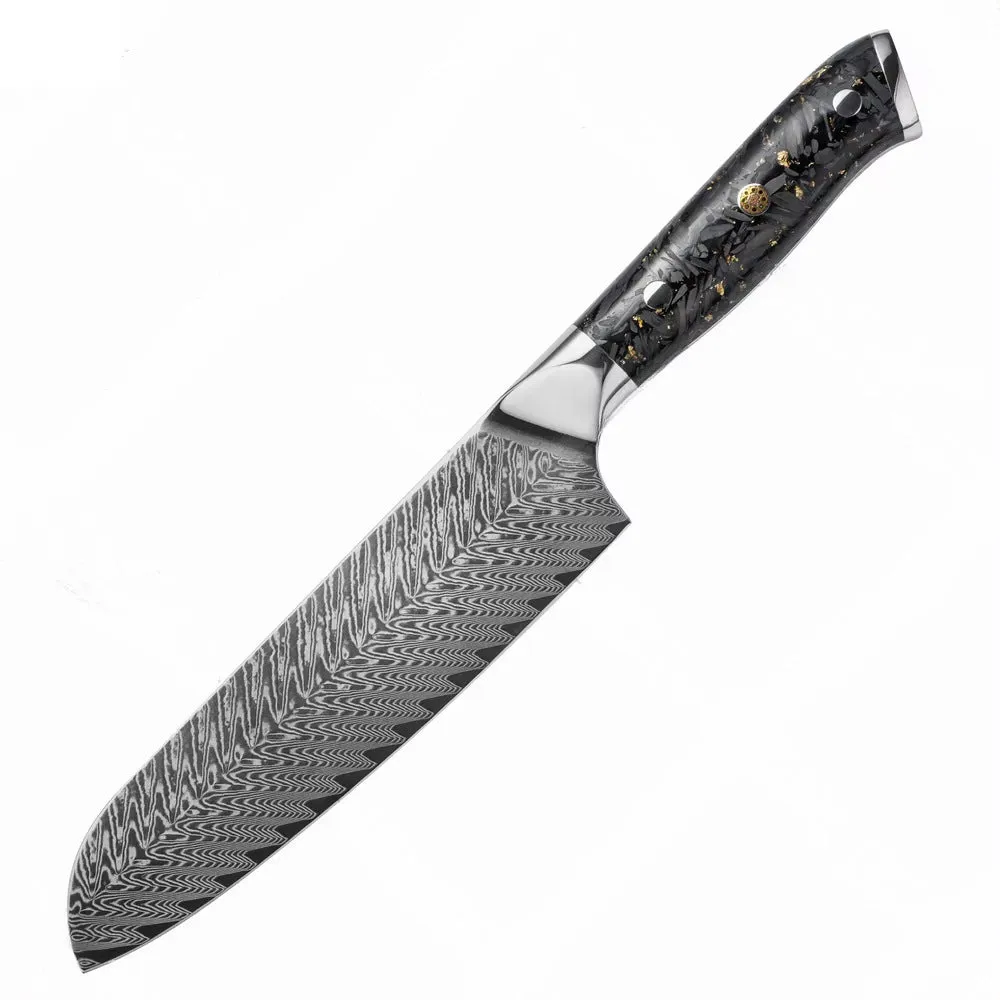 Eight-piece Damascus steel kitchen knife set showing fishbone pattern, including chef, boning, utility, and fruit knives.