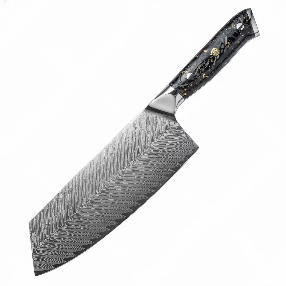 Eight-piece Damascus steel kitchen knife set showing fishbone pattern, including chef, boning, utility, and fruit knives.