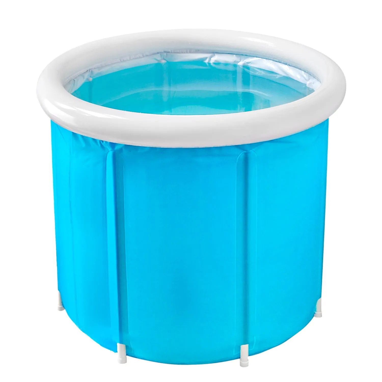 Blue inflatable bath barrel for adults made from environmentally friendly PVC, folded and inflated.