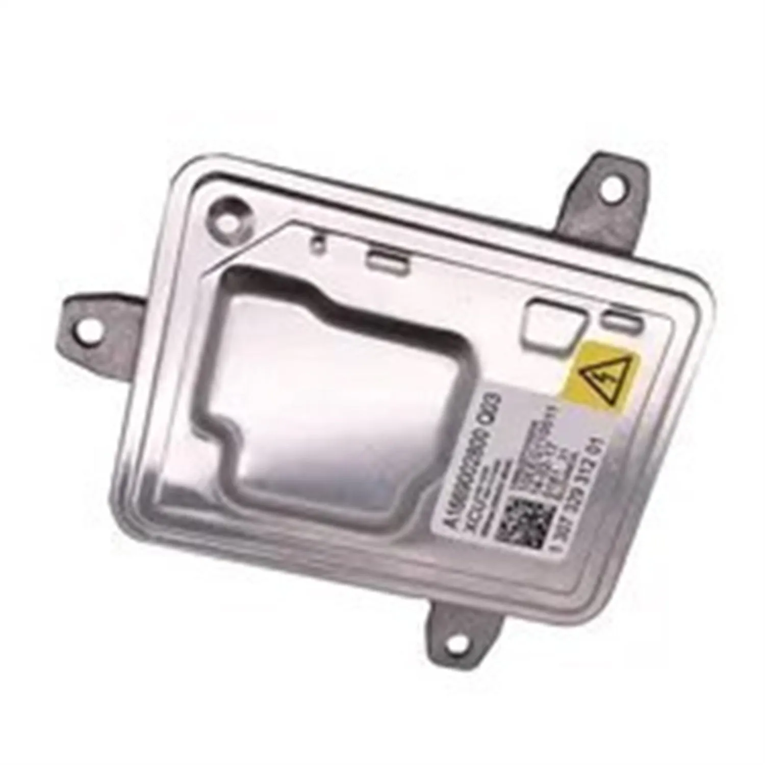 Metal headlight ballast replacement part measuring 14 by 11 by 4.5 centimetres.