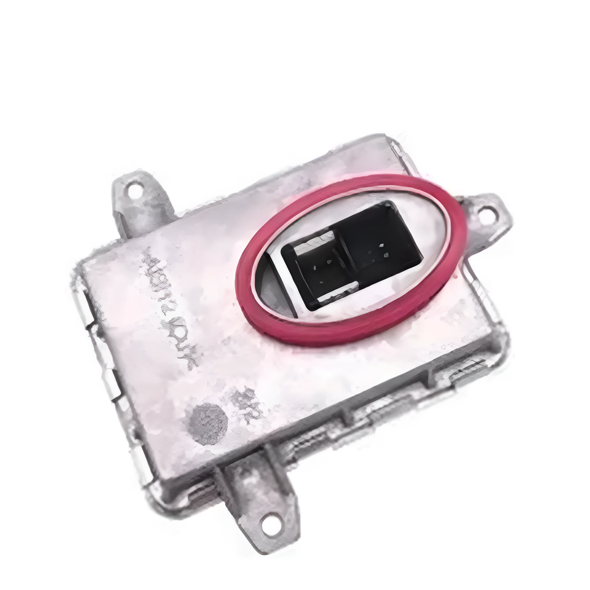 Metal headlight ballast replacement part measuring 14 by 11 by 4.5 centimetres.