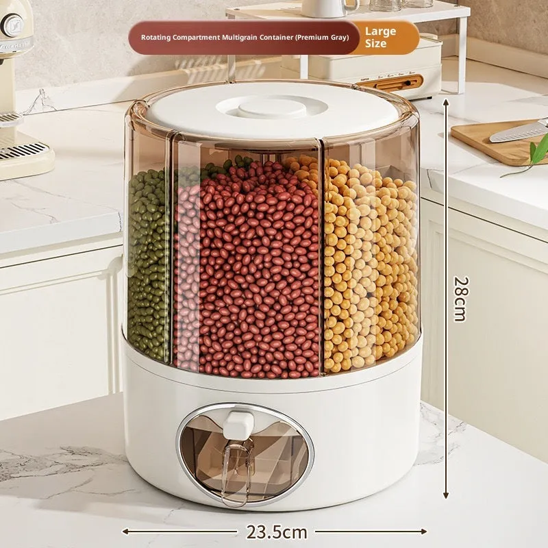 Rotatable cereals storage bucket in cream white with sealed lid, plastic material