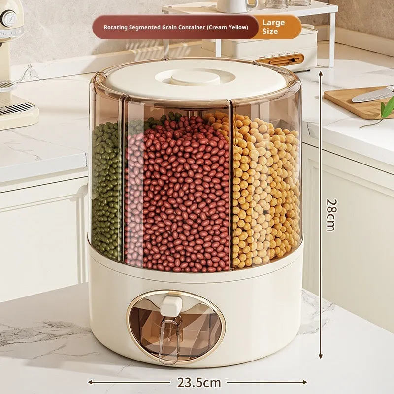 Rotatable cereals storage bucket in cream white with sealed lid, plastic material
