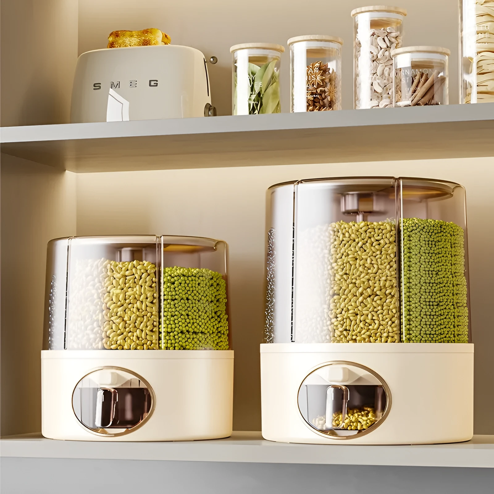 Rotatable cereals storage bucket in cream white with sealed lid, plastic material