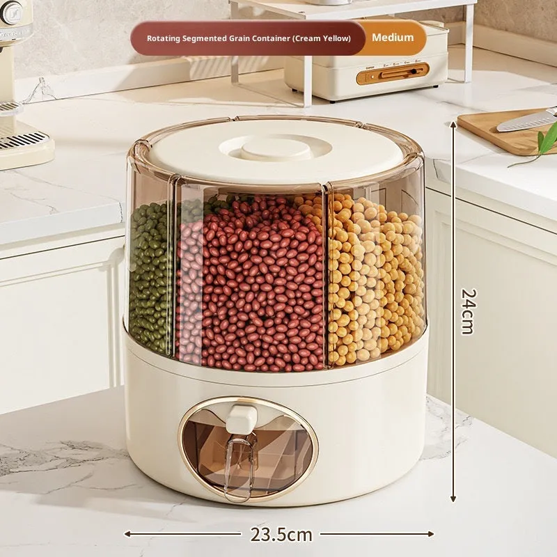 Rotatable cereals storage bucket in cream white with sealed lid, plastic material
