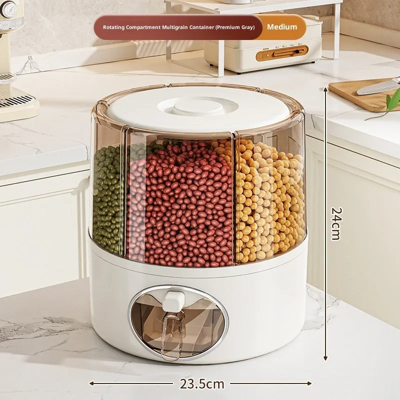 Rotatable cereals storage bucket in cream white with sealed lid, plastic material