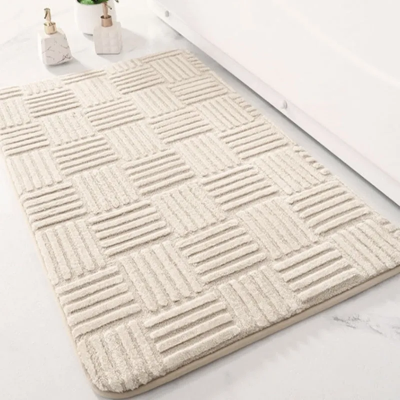 Solid colour woven polyester bathroom non-slip floor mat in beige, gray, white; sizes 40x60cm, 50x80cm, 60x90cm