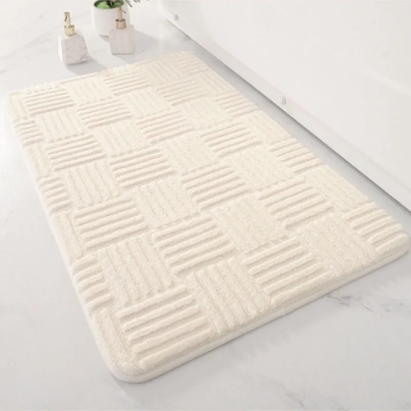 Solid colour woven polyester bathroom non-slip floor mat in beige, gray, white; sizes 40x60cm, 50x80cm, 60x90cm