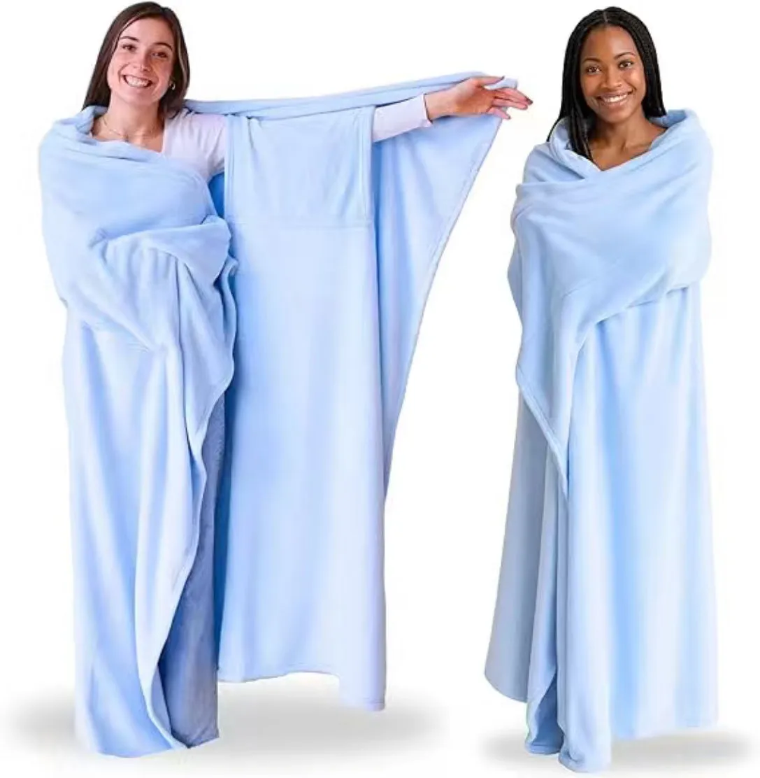 Light pink wearable blanket with sleeves for women, soft cosy throw for home daily use