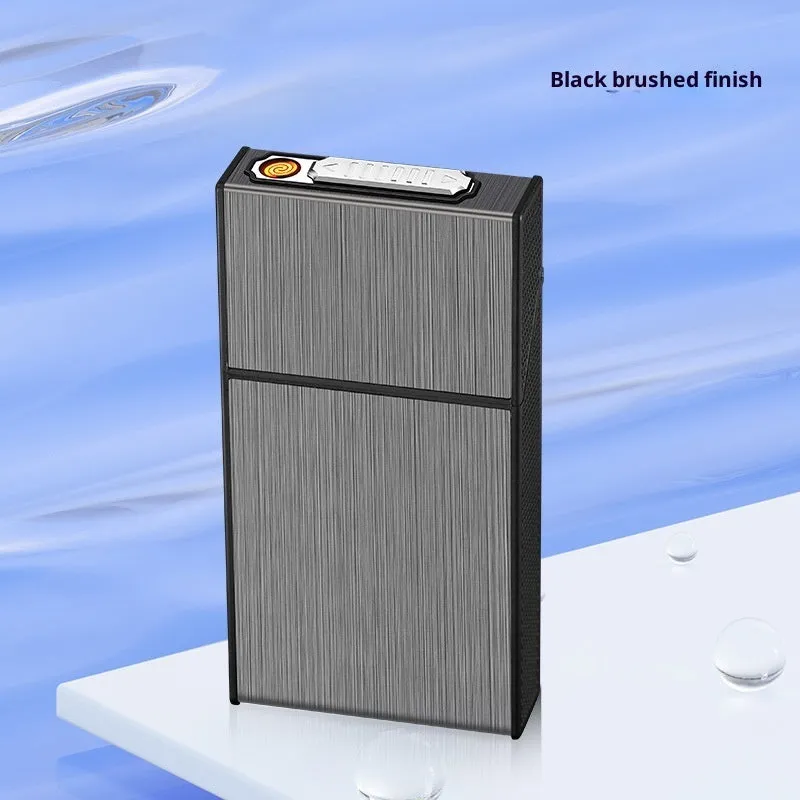 USB rechargeable aluminium creative cigarette case in black brushed finish for storage and collection