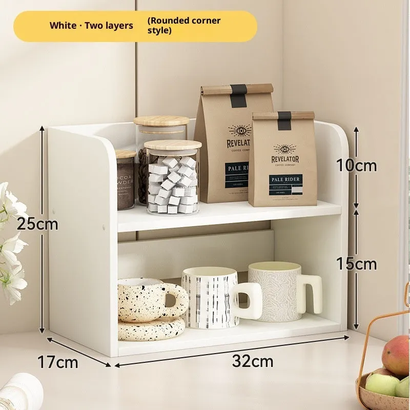 Desktop layered storage shelf with PVC expansion sheet construction, two-layer rounded design, on a wooden table