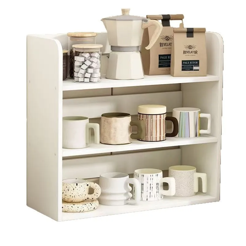 Desktop layered storage shelf with PVC expansion sheet construction, two-layer rounded design, on a wooden table