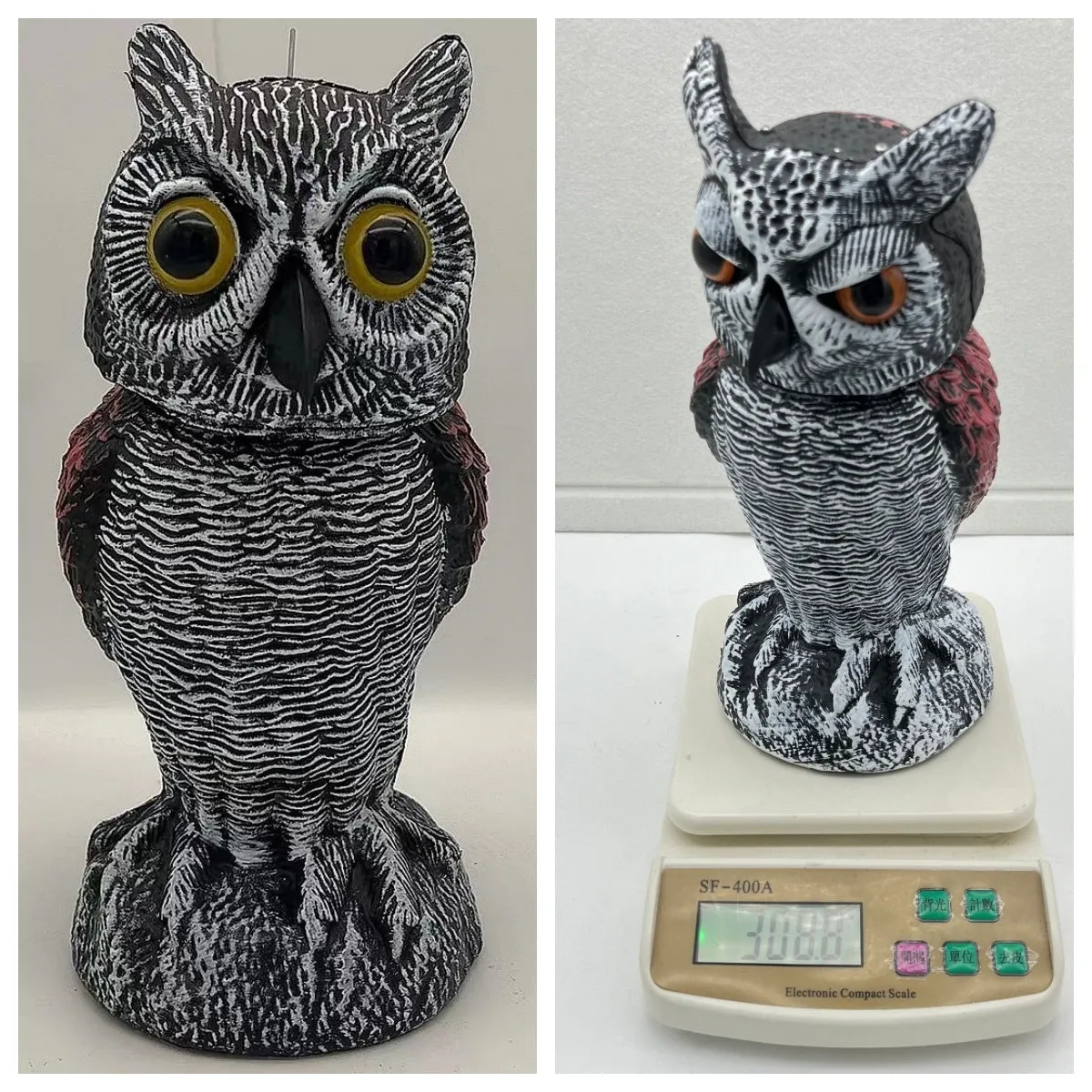 Artificial owl bait ornament with shaking head mechanism for outdoor bird deterrent