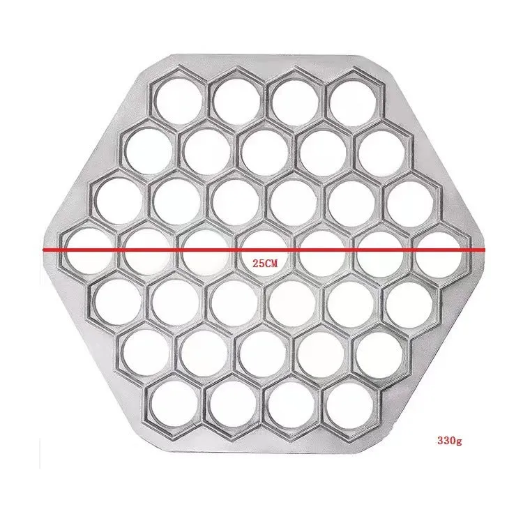 Creative dumpling mold with 37 holes made from aluminium alloy on a kitchen counter