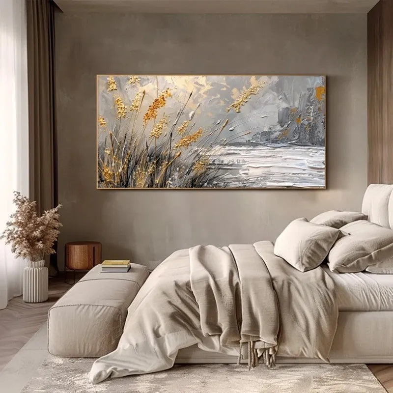 Hand painted abstract lake reed landscape oil painting on canvas, contemporary style, horizontal orientation, available in multiple sizes
