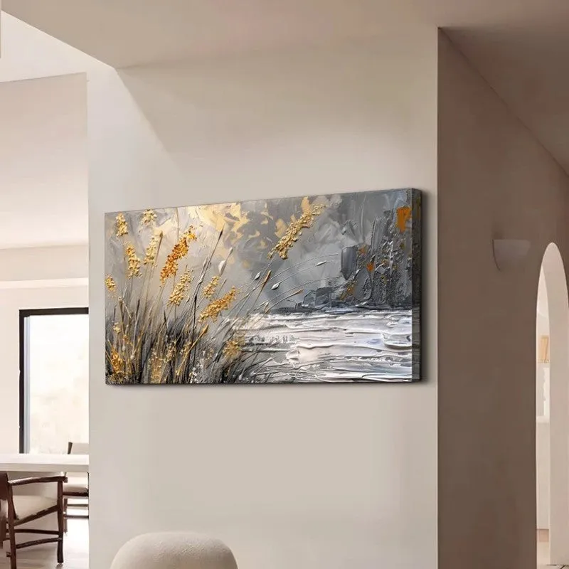 Hand painted abstract lake reed landscape oil painting on canvas, contemporary style, horizontal orientation, available in multiple sizes