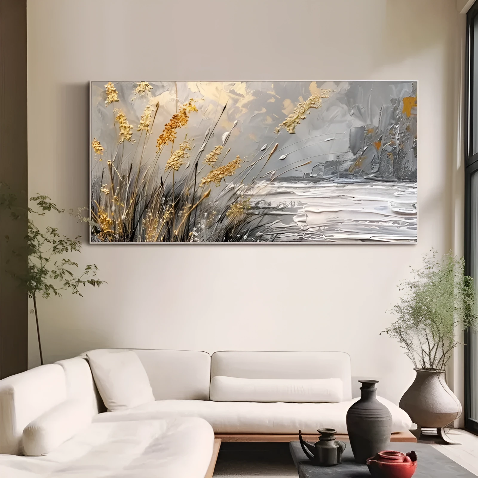 Hand painted abstract lake reed landscape oil painting on canvas, contemporary style, horizontal orientation, available in multiple sizes