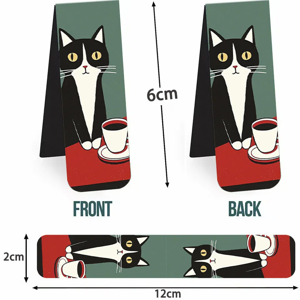 Set of 5 magnetic bookmarks with simple cute cat design in homemade style, displaying cartoon cat faces on colourful backing