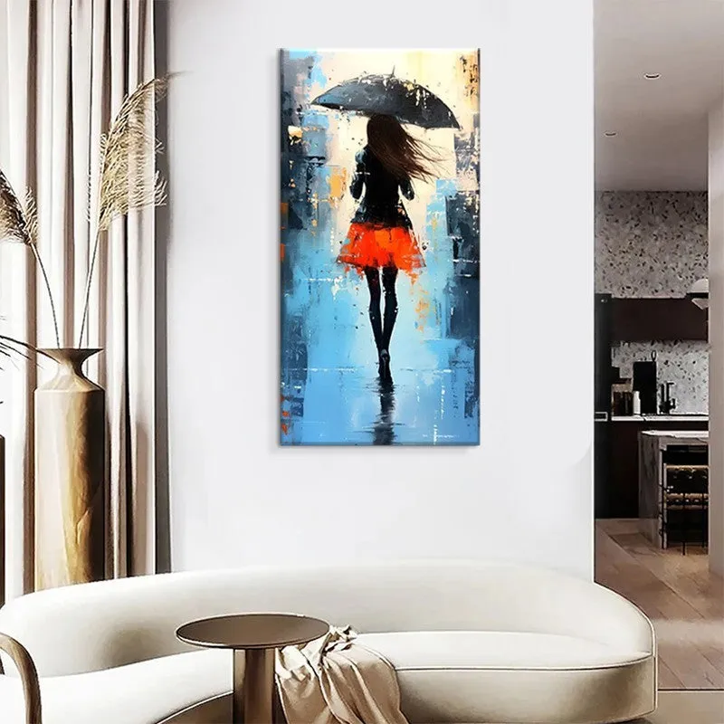 Hand painted modern abstract oil painting of people walking in rain on canvas for living room wall decor