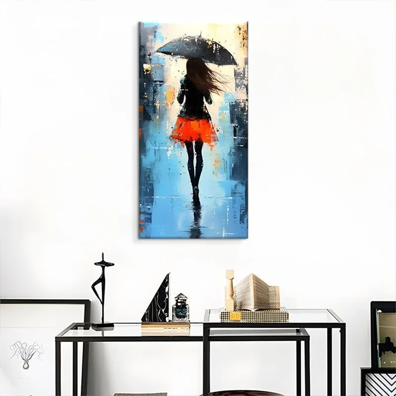 Hand painted modern abstract oil painting of people walking in rain on canvas for living room wall decor
