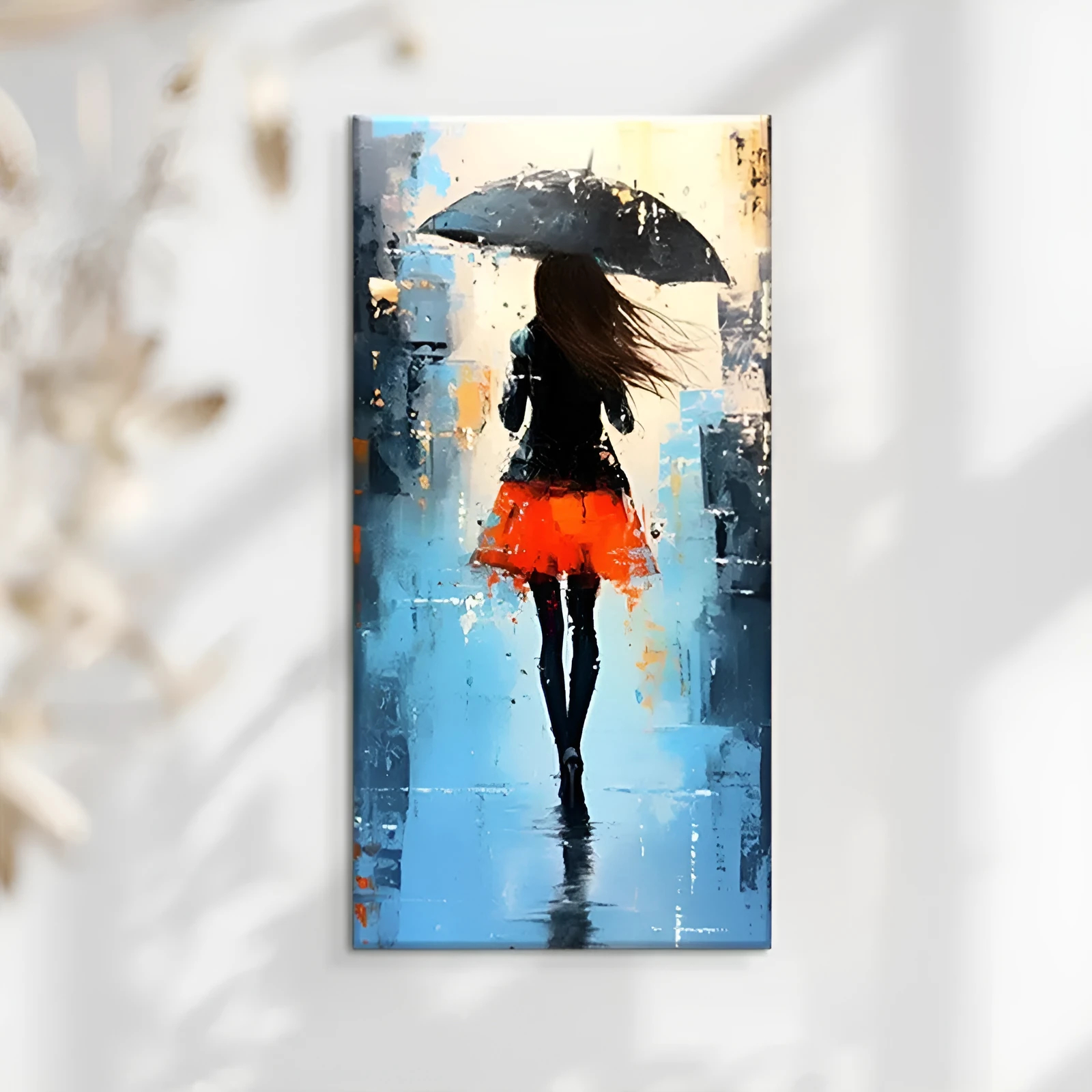 Hand painted modern abstract oil painting of people walking in rain on canvas for living room wall decor
