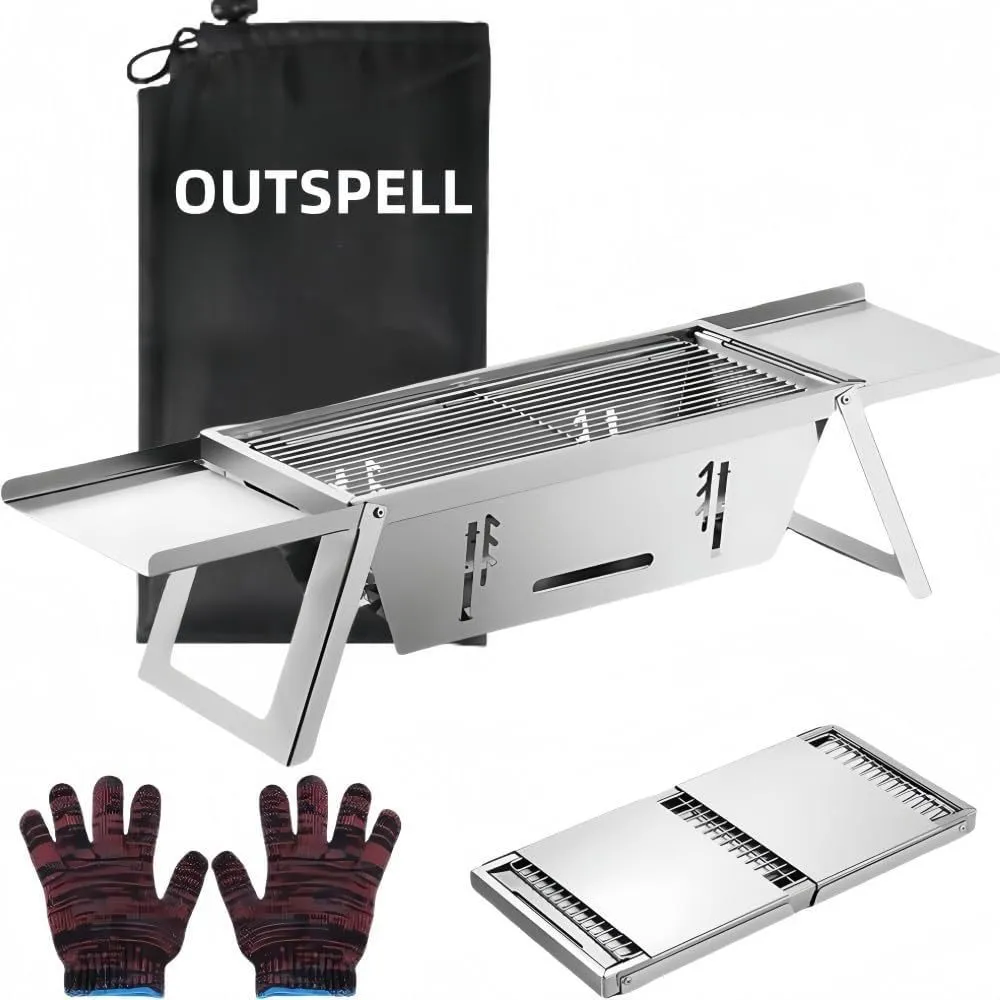 A small, foldable portable charcoal grill for outdoor cooking.