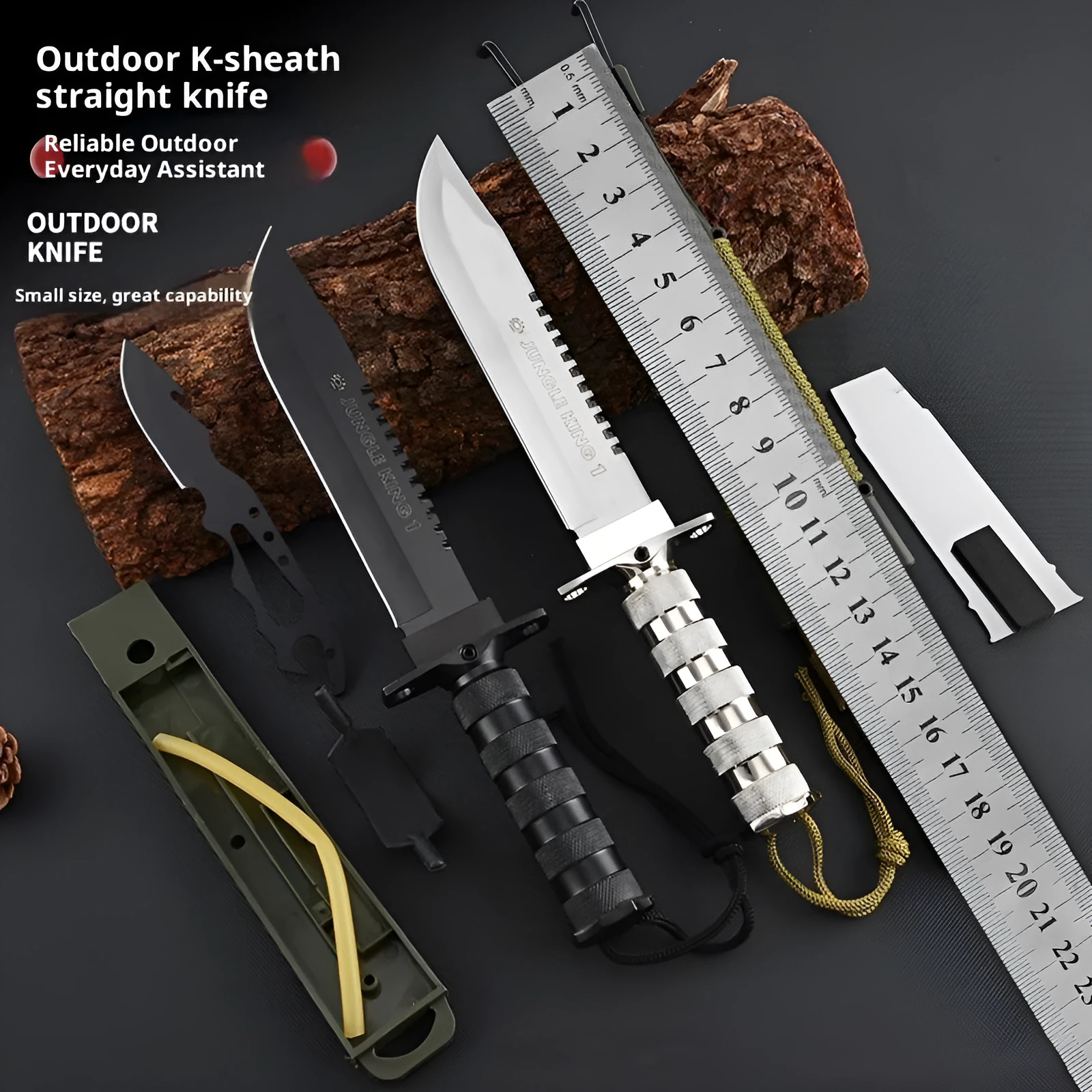 Keel integrated multifunctional small straight survival tactical knife with black aluminium handle and 8Cr19Mov steel blade