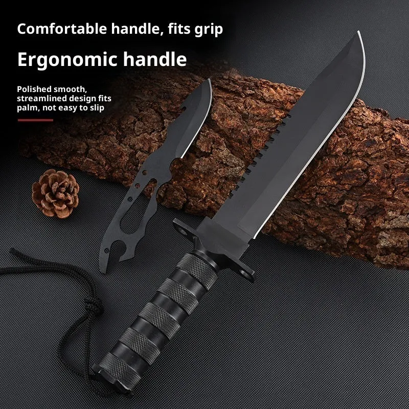 Keel integrated multifunctional small straight survival tactical knife with black aluminium handle and 8Cr19Mov steel blade