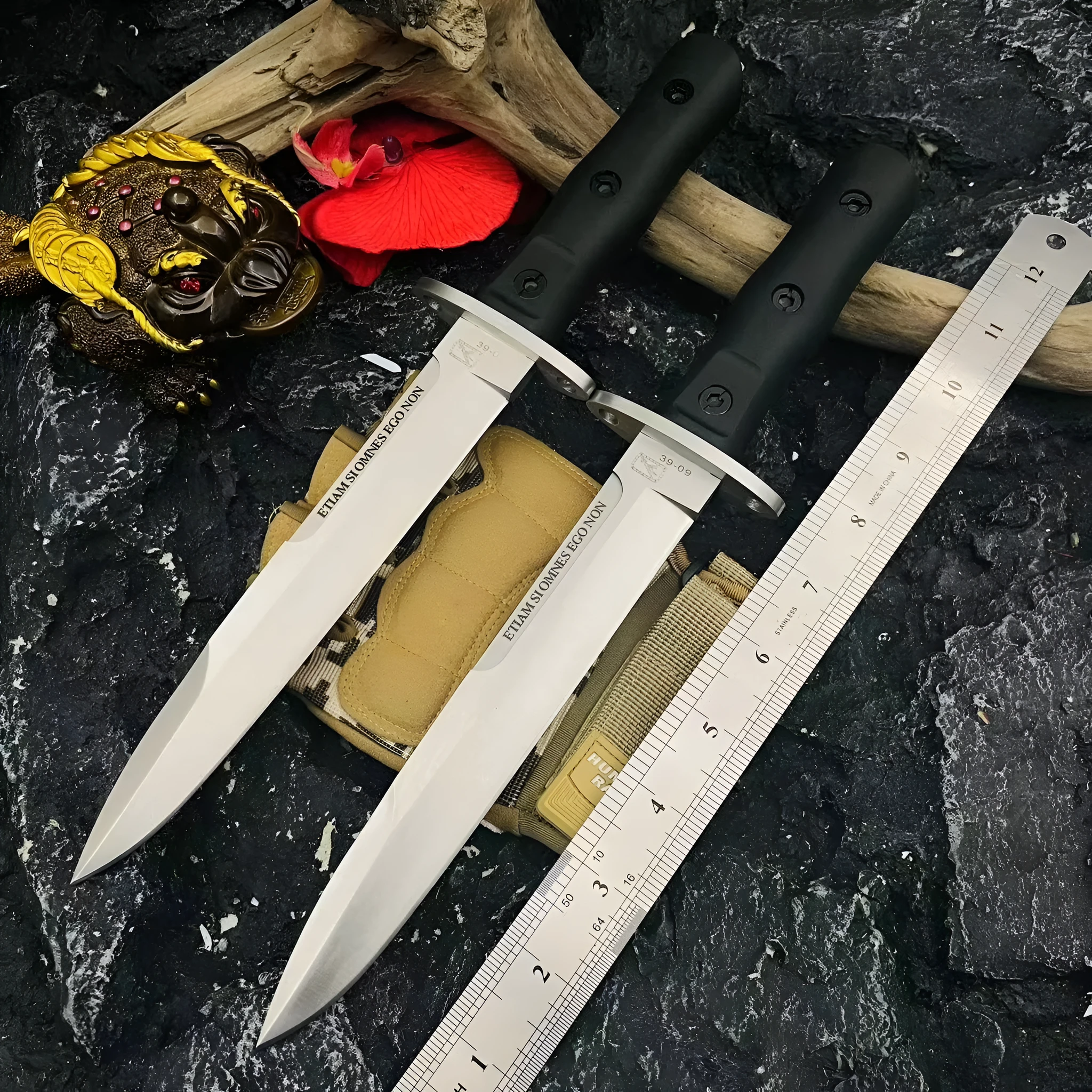 Small straight knife with D2 steel blade, 32 cm full length, outdoor camping use