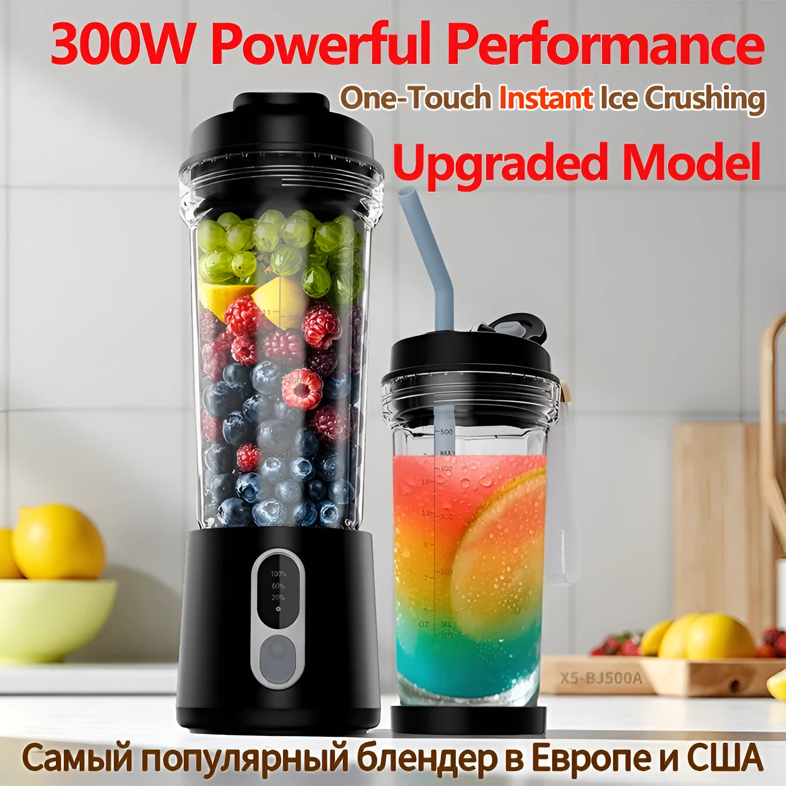 Portable electric juicer cup 500ml with 300W broken wall blender in black, white, gray, rose red, and ocean green