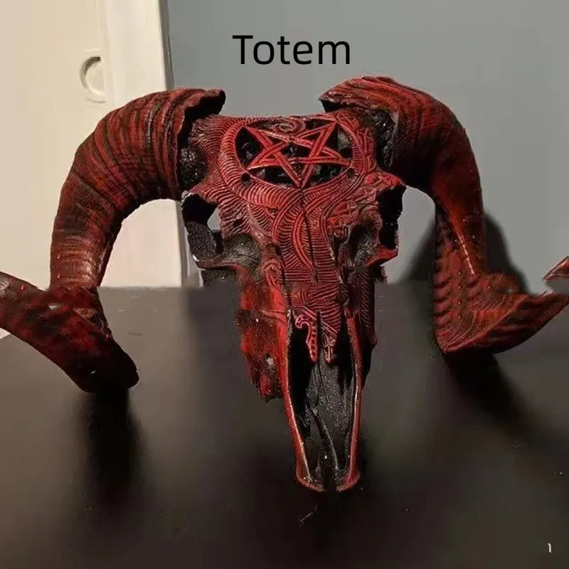 Grey resin horn wall decoration with bull head totem design mounted on a wall indoors