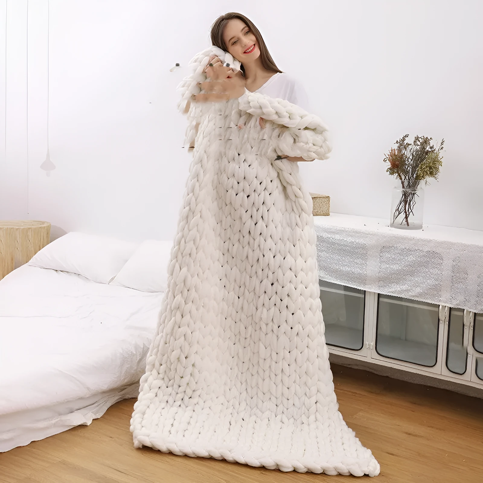 White handwoven wool chenille blanket 6cm thick 100x200cm
