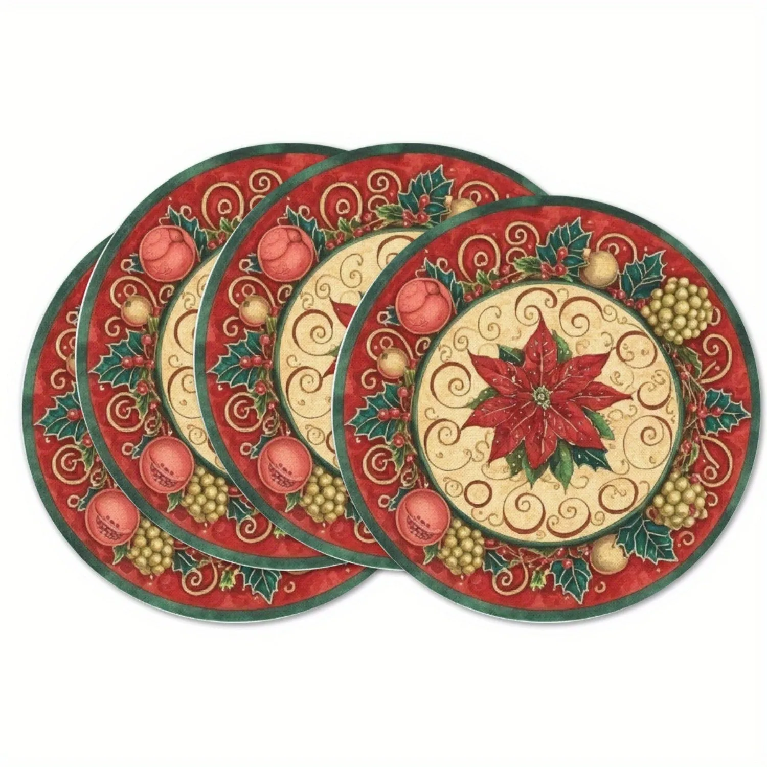 Round Christmas placemat with holly berries snowflake and bow design 38cm polyester American style
