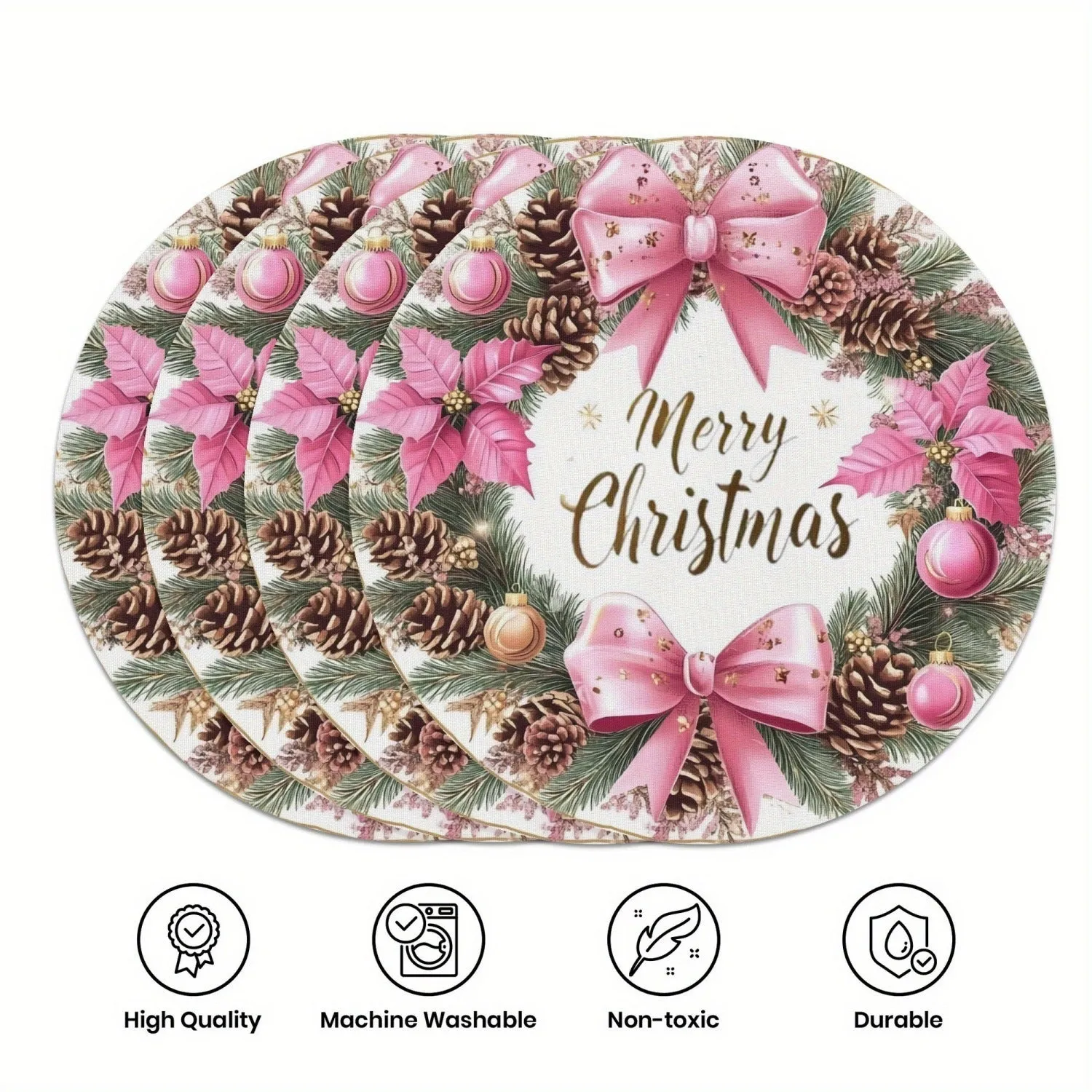Round Christmas placemat with holly berries snowflake and bow design 38cm polyester American style