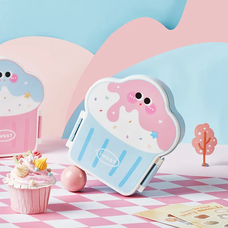 Pink and blue ice cream shaped plastic lunch box with compartments and included utensils