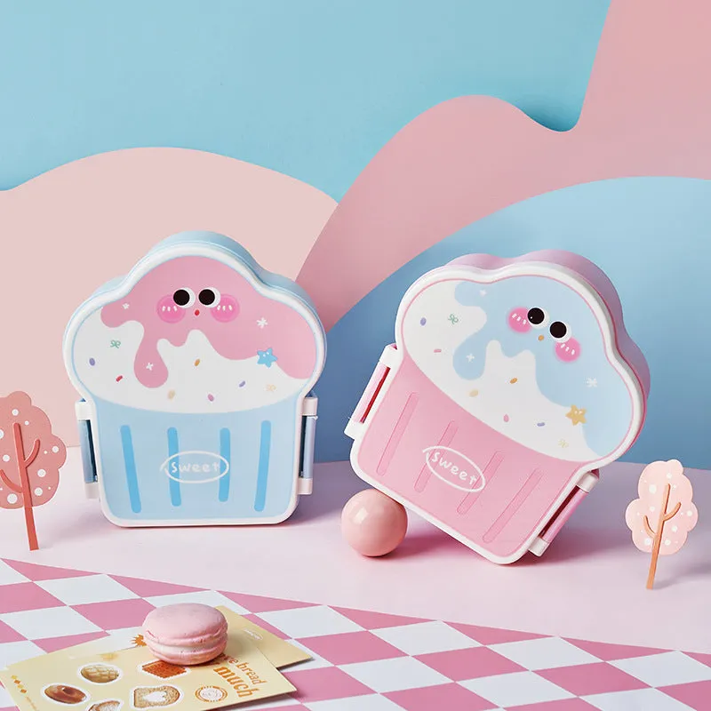 Pink and blue ice cream shaped plastic lunch box with compartments and included utensils
