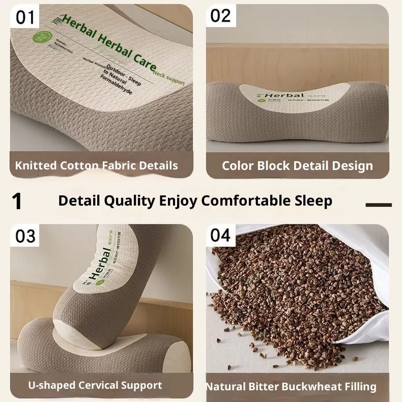 Buckwheat three-dimensional neck pillow in beige colour on a bed