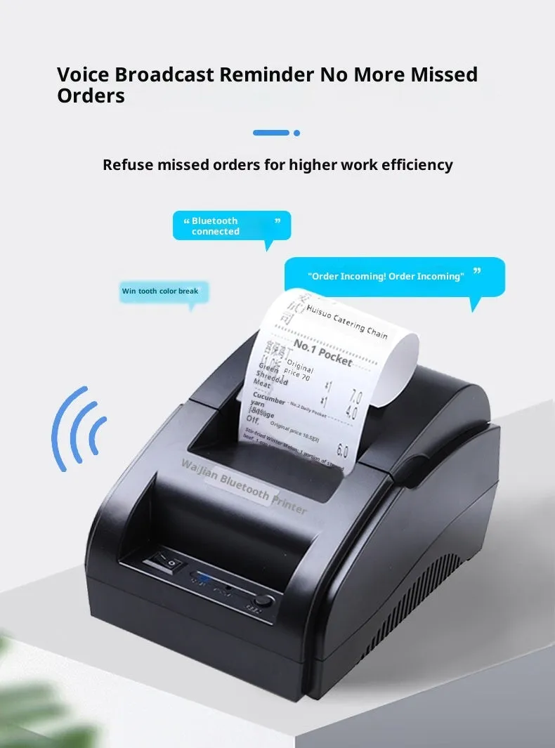 58mm black Bluetooth thermal receipt printer for desktop use in supermarket or takeout