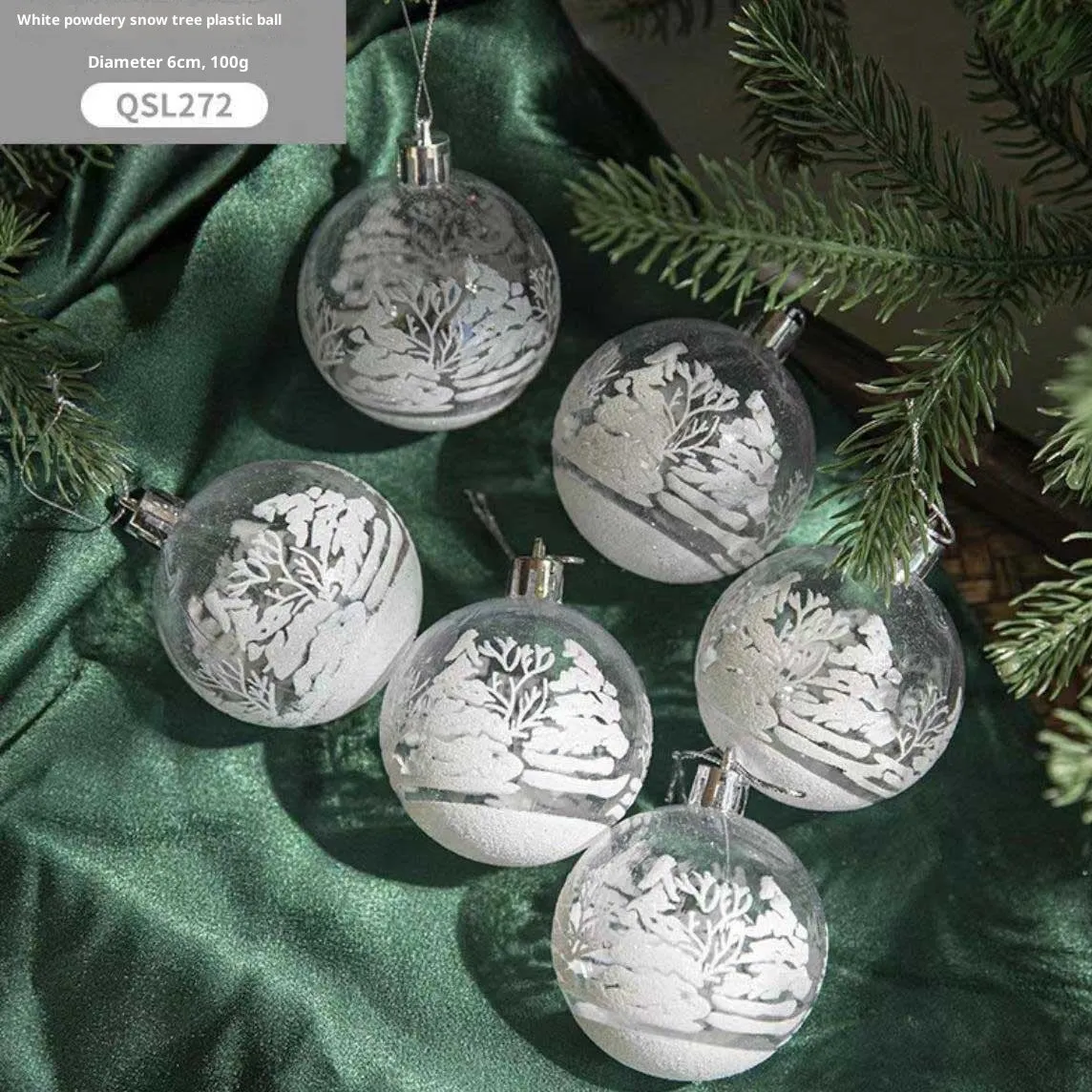 Set of 6 hand painted transparent acrylic Christmas baubles 6cm in diameter