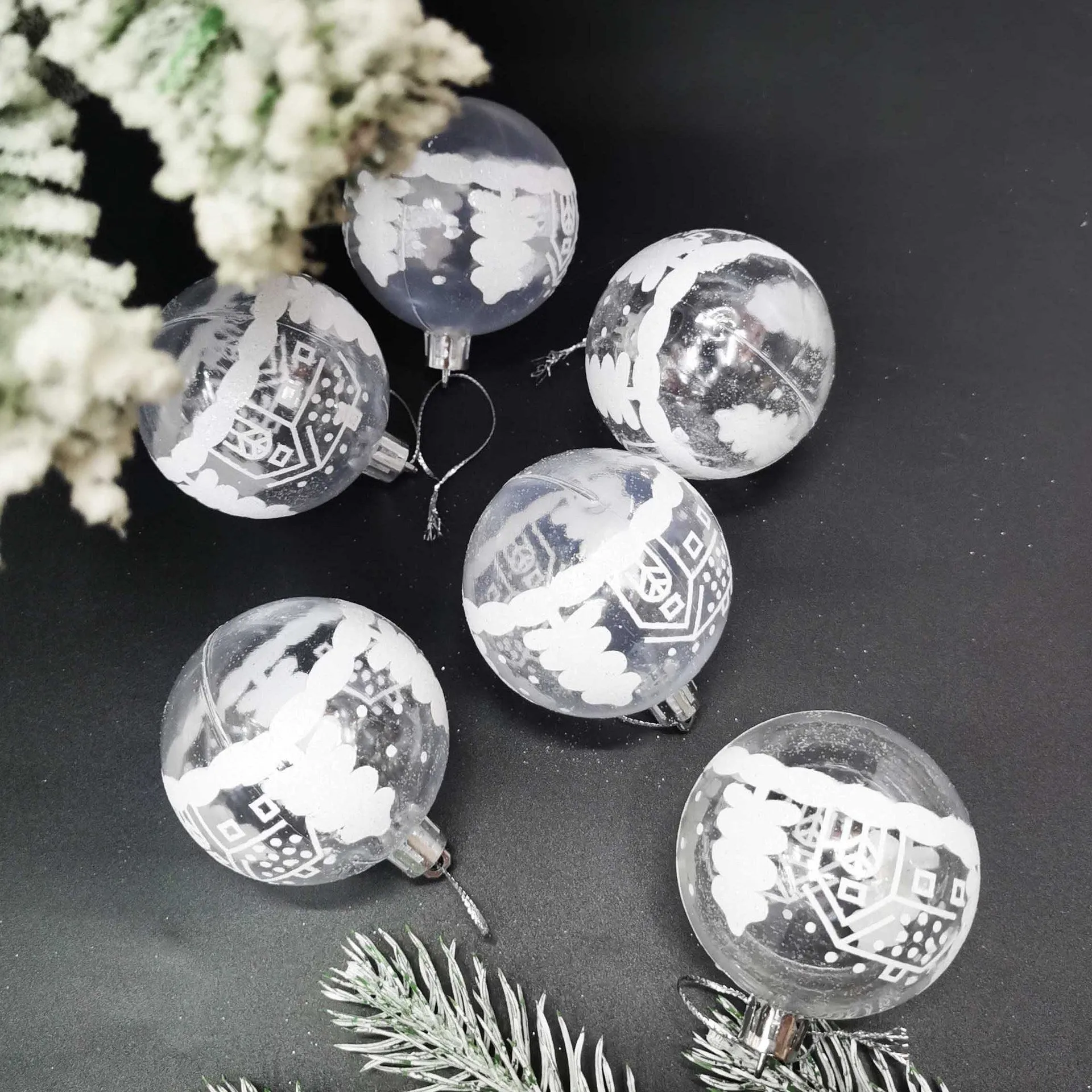 Set of 6 hand painted transparent acrylic Christmas baubles 6cm in diameter