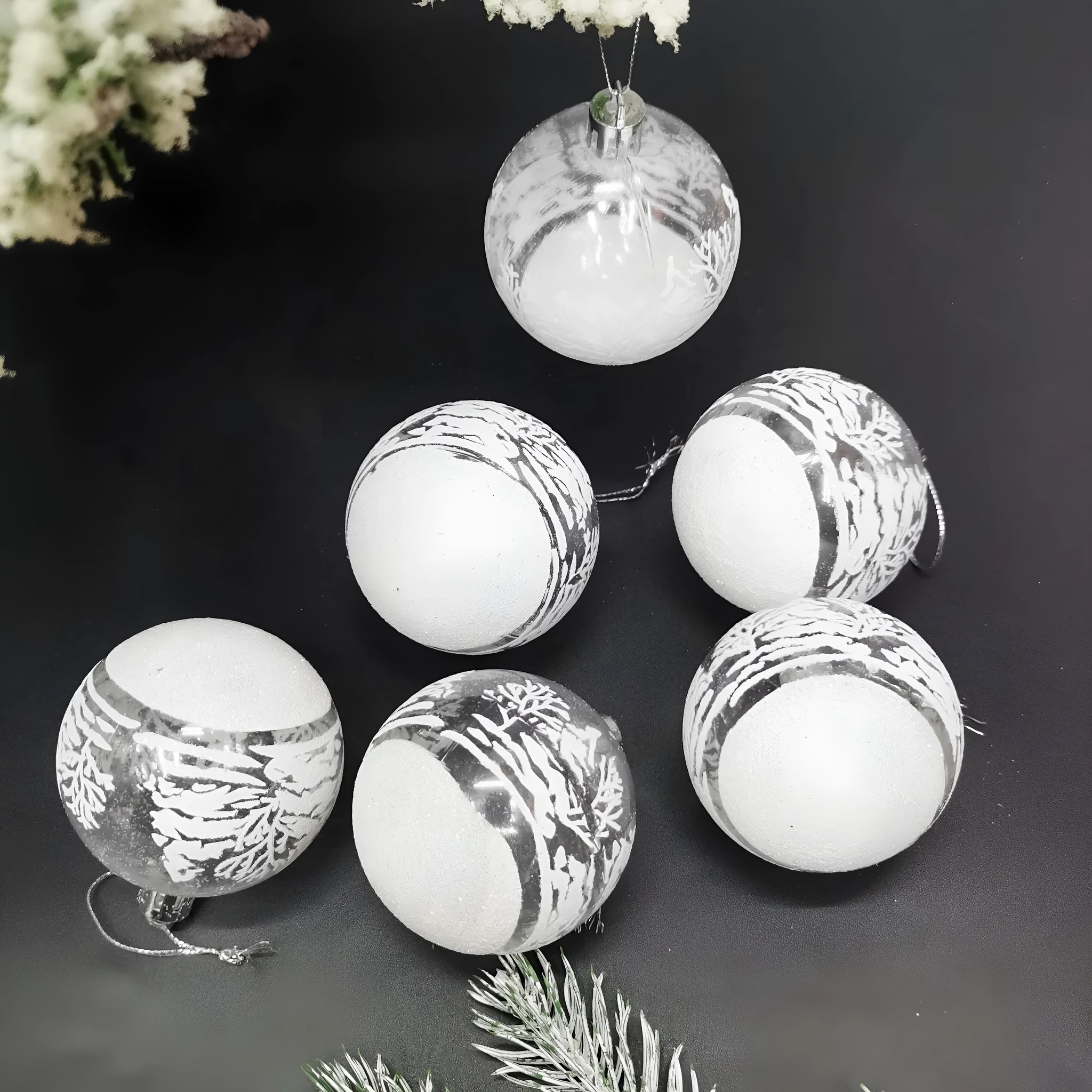 Set of 6 hand painted transparent acrylic Christmas baubles 6cm in diameter