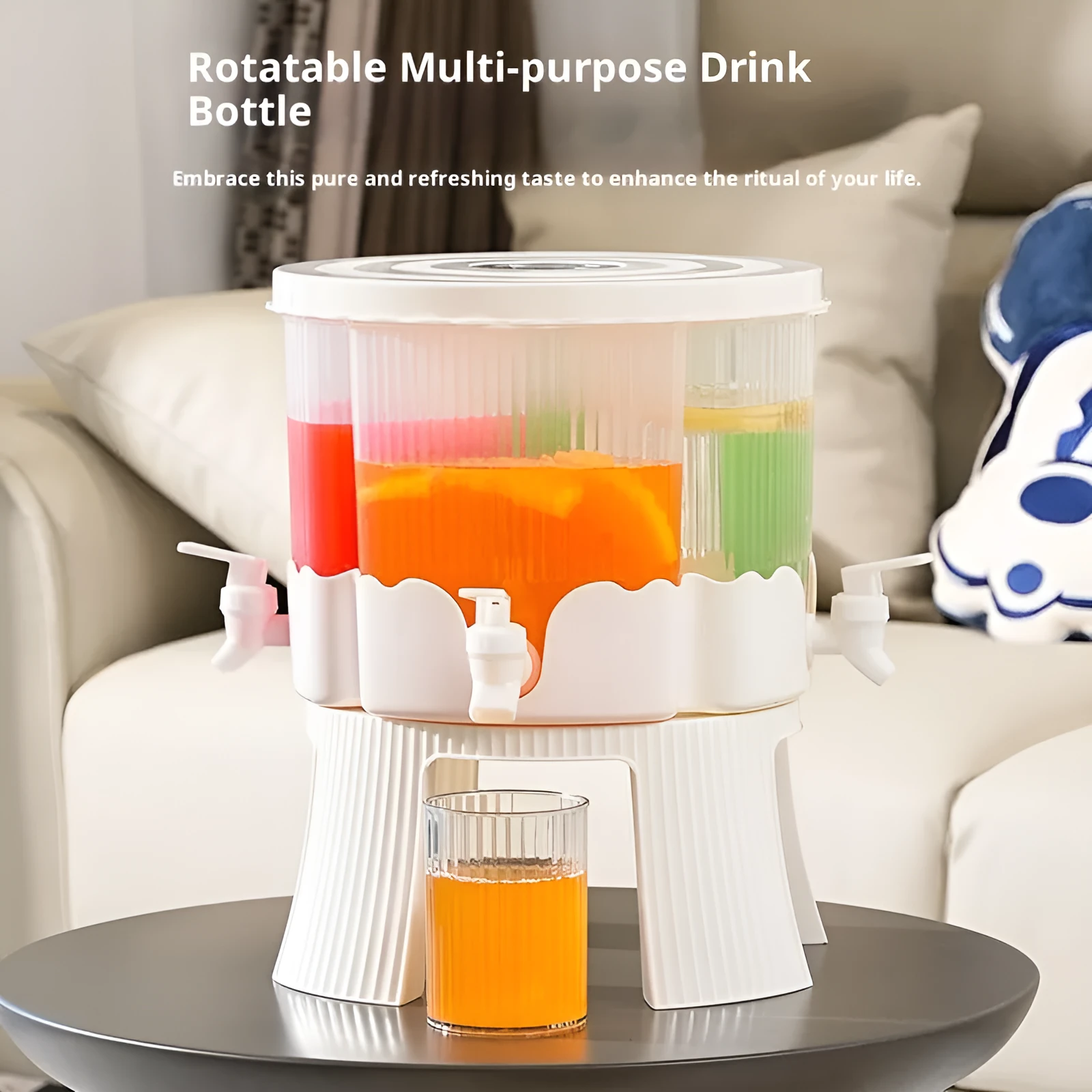 Rotating refrigerator cold water kettle with faucet and glacier pattern finish on kitchen counter