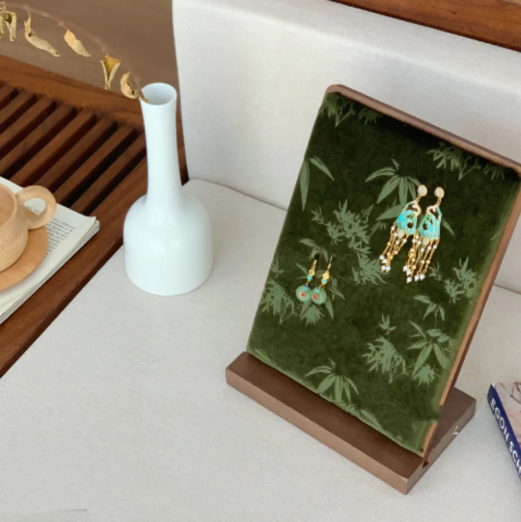 Walnut solid wood necklace display stand with Jiangnan ink painting bamboo design and multiple tiers
