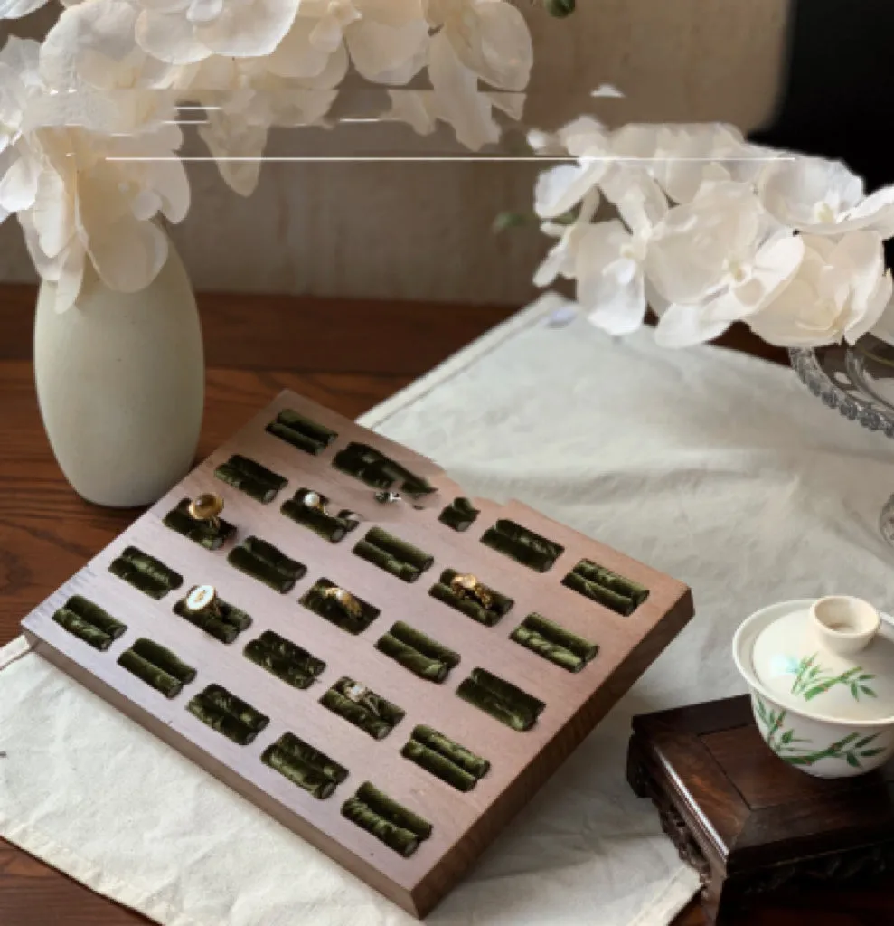 Walnut solid wood necklace display stand with Jiangnan ink painting bamboo design and multiple tiers