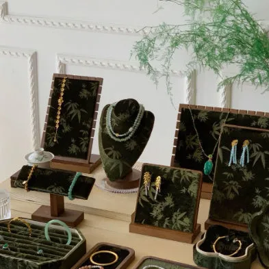 Walnut solid wood necklace display stand with Jiangnan ink painting bamboo design and multiple tiers