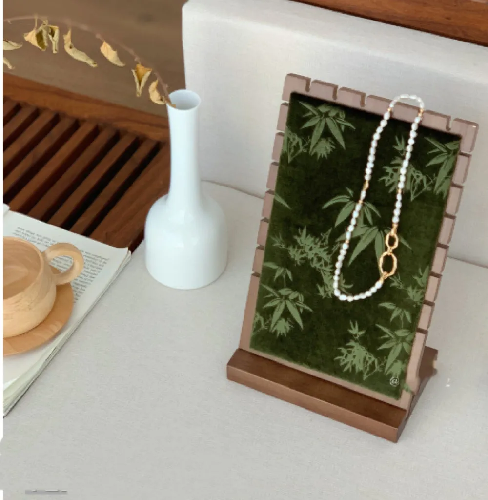 Walnut solid wood necklace display stand with Jiangnan ink painting bamboo design and multiple tiers