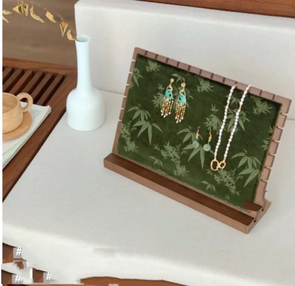 Walnut solid wood necklace display stand with Jiangnan ink painting bamboo design and multiple tiers