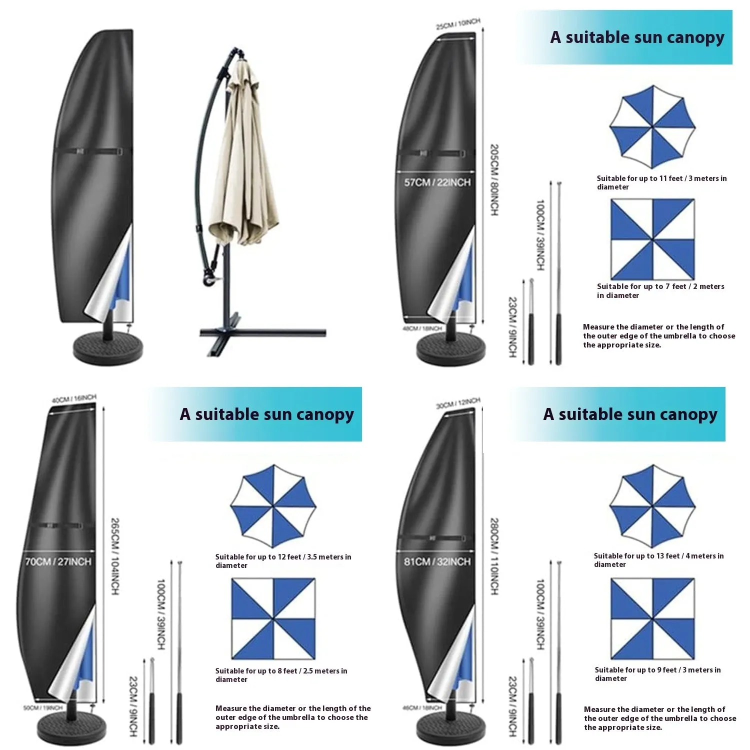 Waterproof Oxford cloth umbrella cover for outdoor offset banana umbrellas in black or grey colour