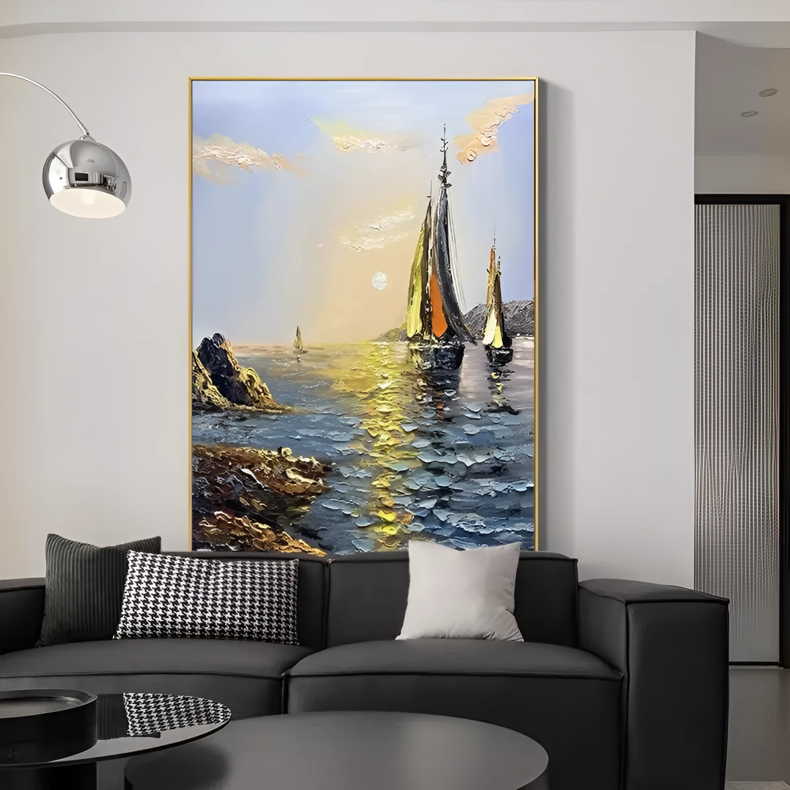 Sea boat handmade oil painting on canvas, vertical landscape, unframed, modern style, suitable for living room wall decor