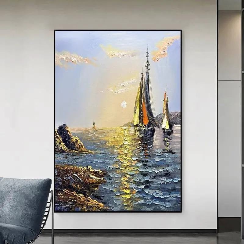 Sea boat handmade oil painting on canvas, vertical landscape, unframed, modern style, suitable for living room wall decor